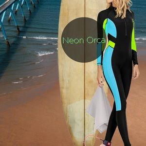 new Neon Orca surf-suit UPF wetsuit black + bright aqua lime one-piece swimsuit